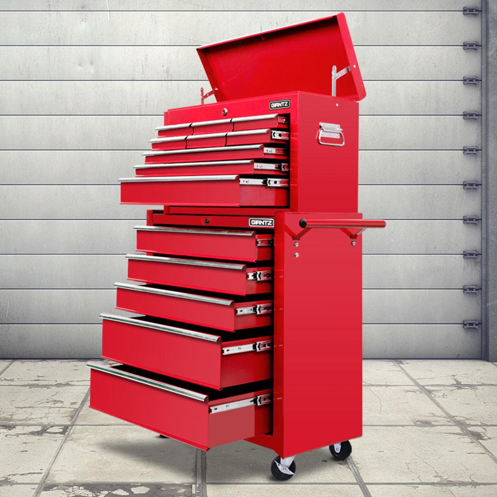 Giantz 14 Drawers Toolbox Chest Cabinet Mechanic Trolley in red, showcasing multiple drawers and sturdy construction.