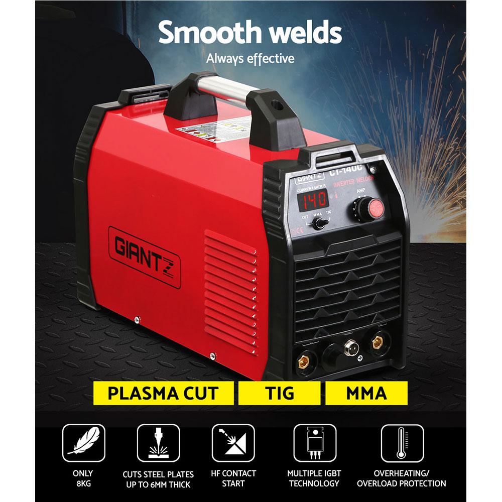 Giantz 140Amp Inverter Welder Plasma Cutter with digital display and accessories, showcasing its portable design and advanced features.