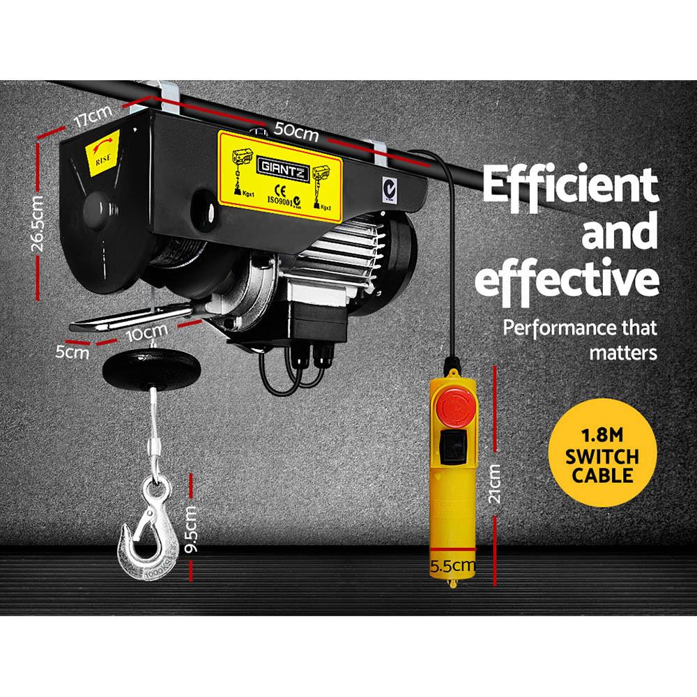 Giantz 1400w Electric Hoist winch with high tensile cable and emergency stop switch, ideal for lifting heavy loads safely.