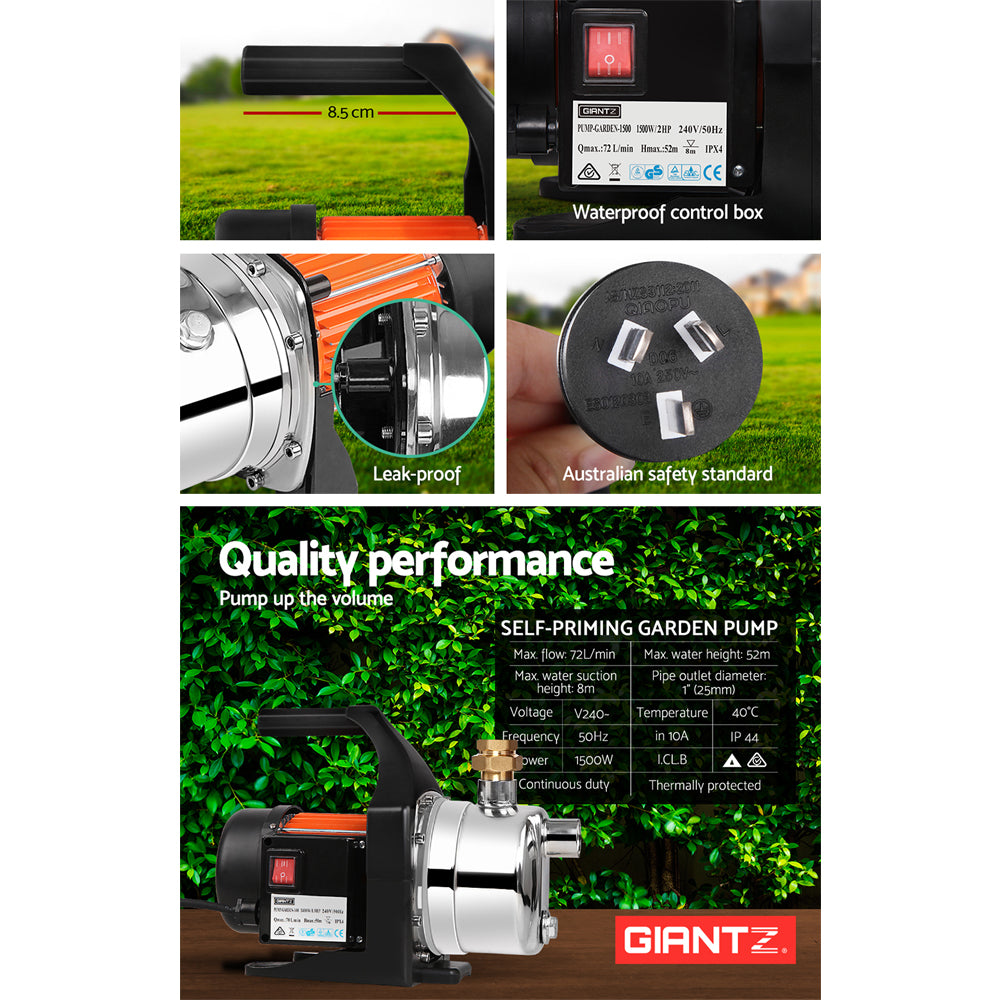 Giantz 1500W Garden High Pressure Water Pump with stainless steel body and accessories, designed for efficient irrigation and household tasks.