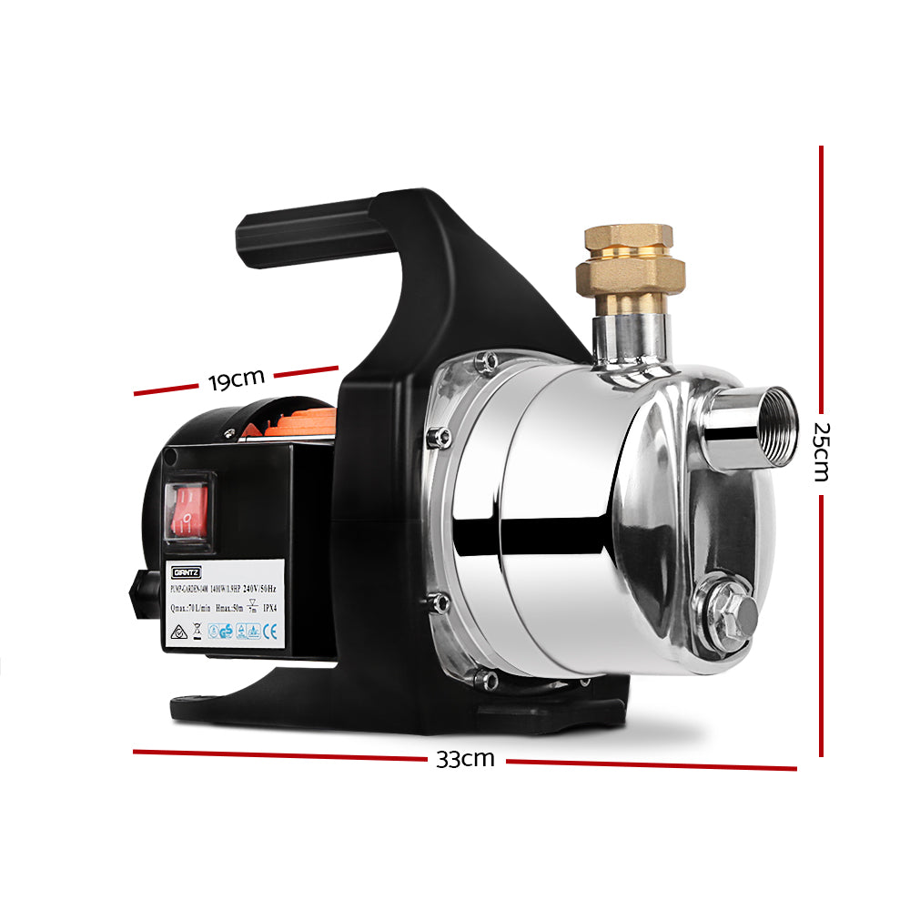 Giantz 1500W Garden High Pressure Water Pump with stainless steel body and accessories, designed for efficient irrigation and household tasks.