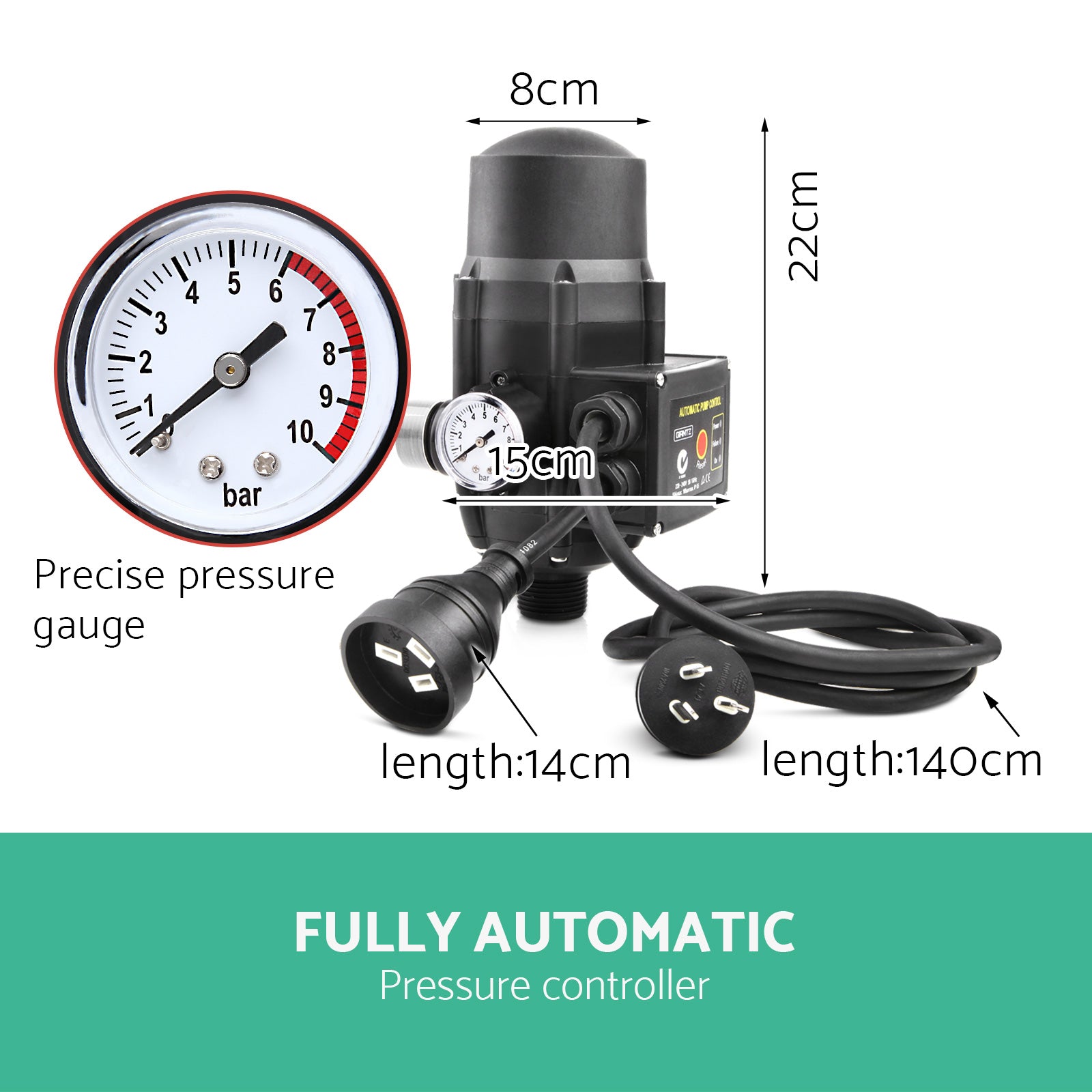 Giantz 1500W High Pressure Garden Water Pump with automatic controller, showcasing its stainless steel body and accessories.