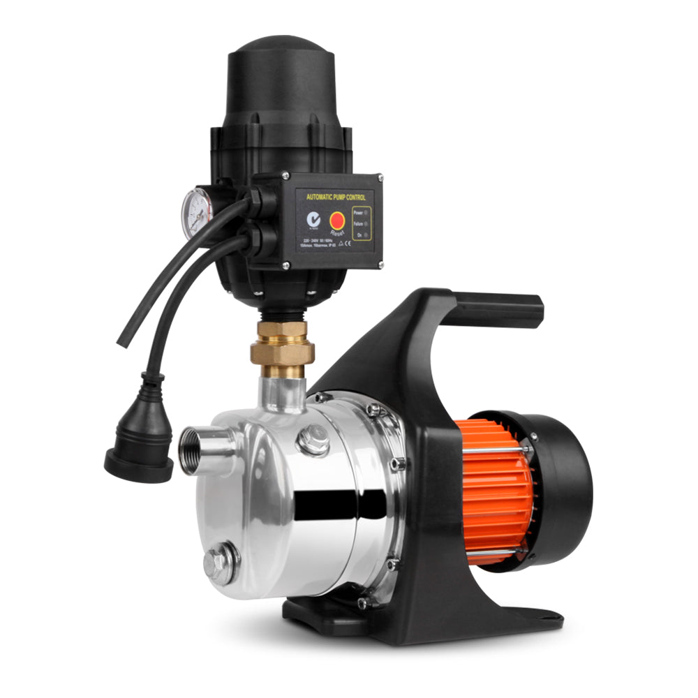 Giantz 1500W High Pressure Garden Water Pump with automatic controller, showcasing its stainless steel body and accessories.