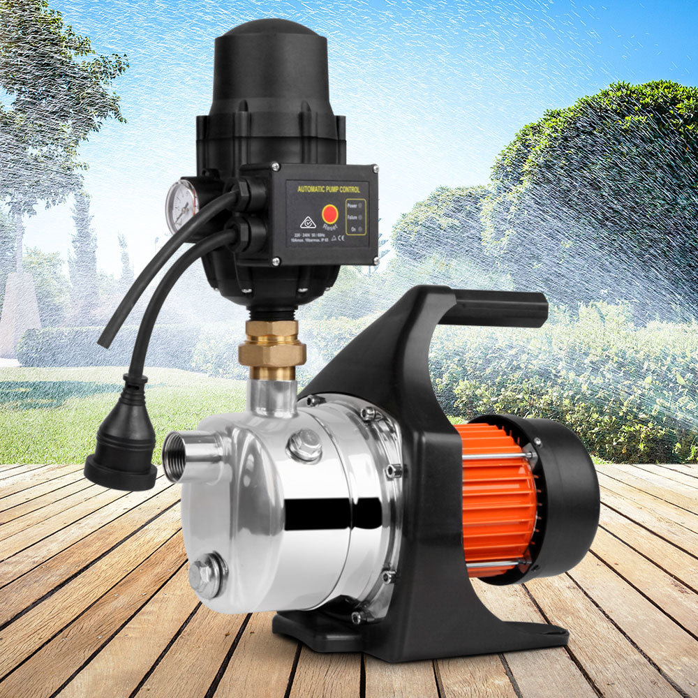 Giantz 1500W High Pressure Garden Water Pump with automatic controller, showcasing its stainless steel body and accessories.