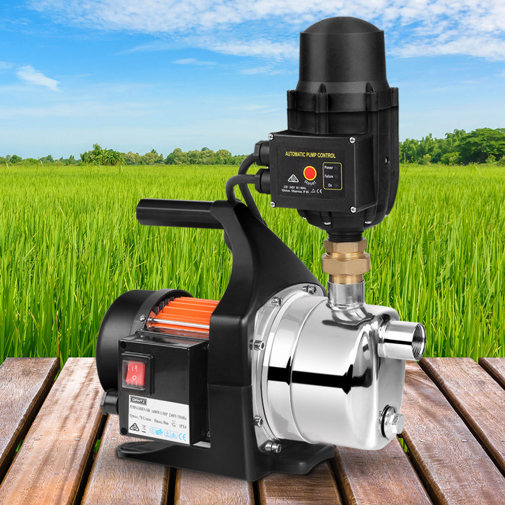 Giantz 1500W High Pressure Garden Water Pump with automatic controller, showcasing its stainless steel body and accessories.