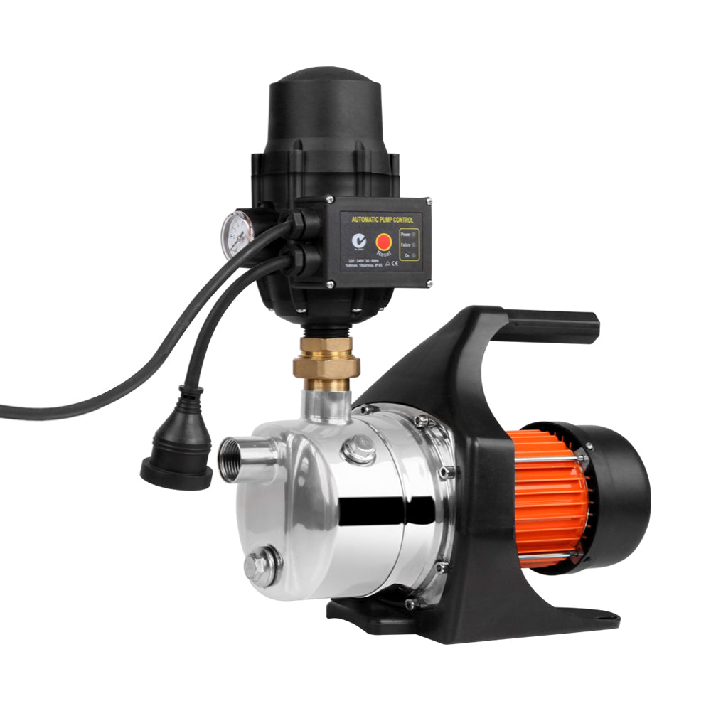 Giantz 1500W High Pressure Garden Water Pump with automatic controller, showcasing its stainless steel body and accessories.