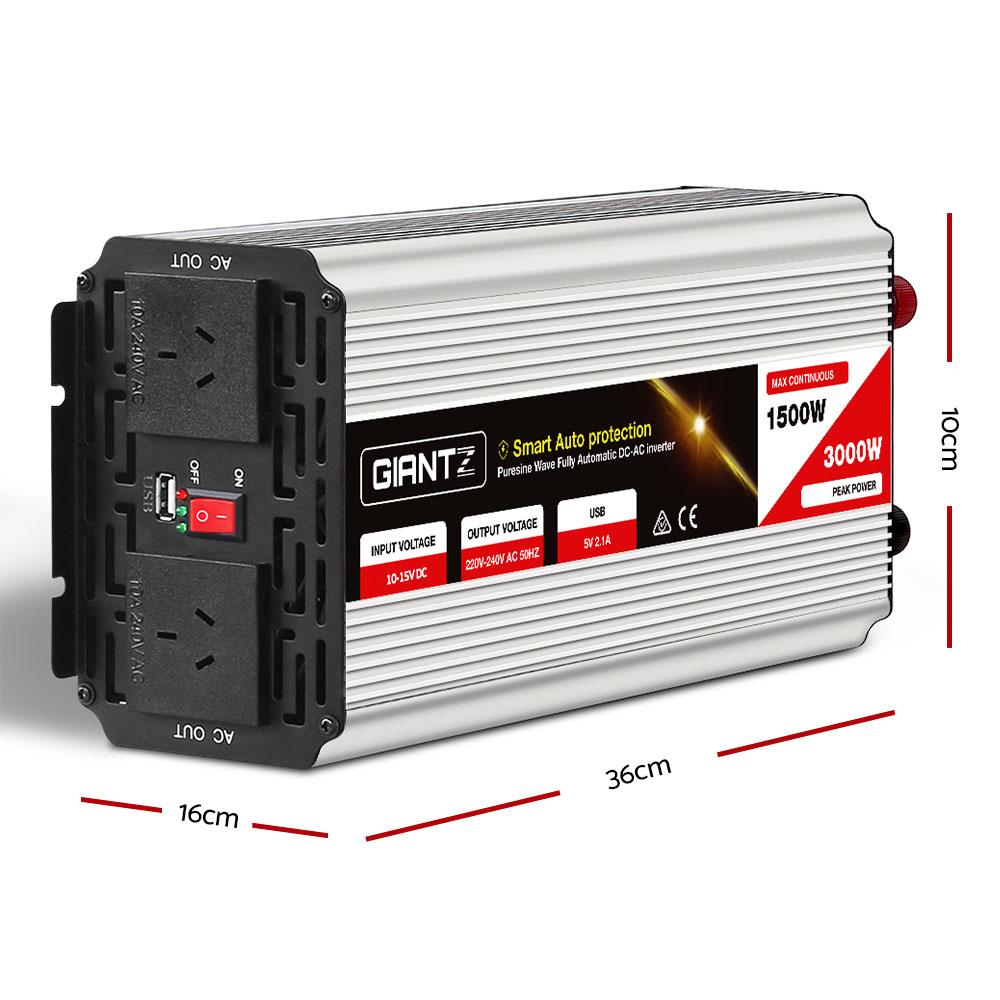 Giantz 1500W Pure Sine Wave DC-AC Power Inverter with dual 240V sockets and USB output, designed for powering sensitive electronics.