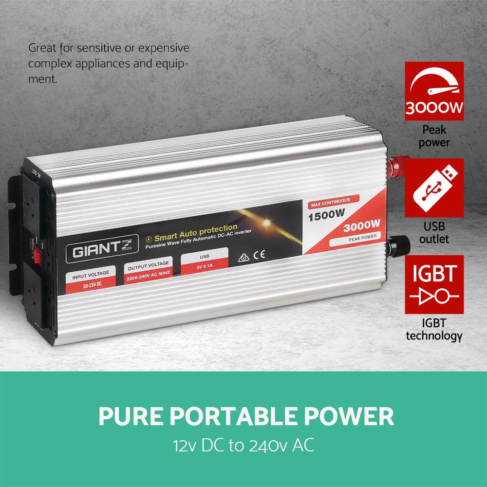 Giantz 1500W Pure Sine Wave DC-AC Power Inverter with dual 240V sockets and USB output, designed for powering sensitive electronics.