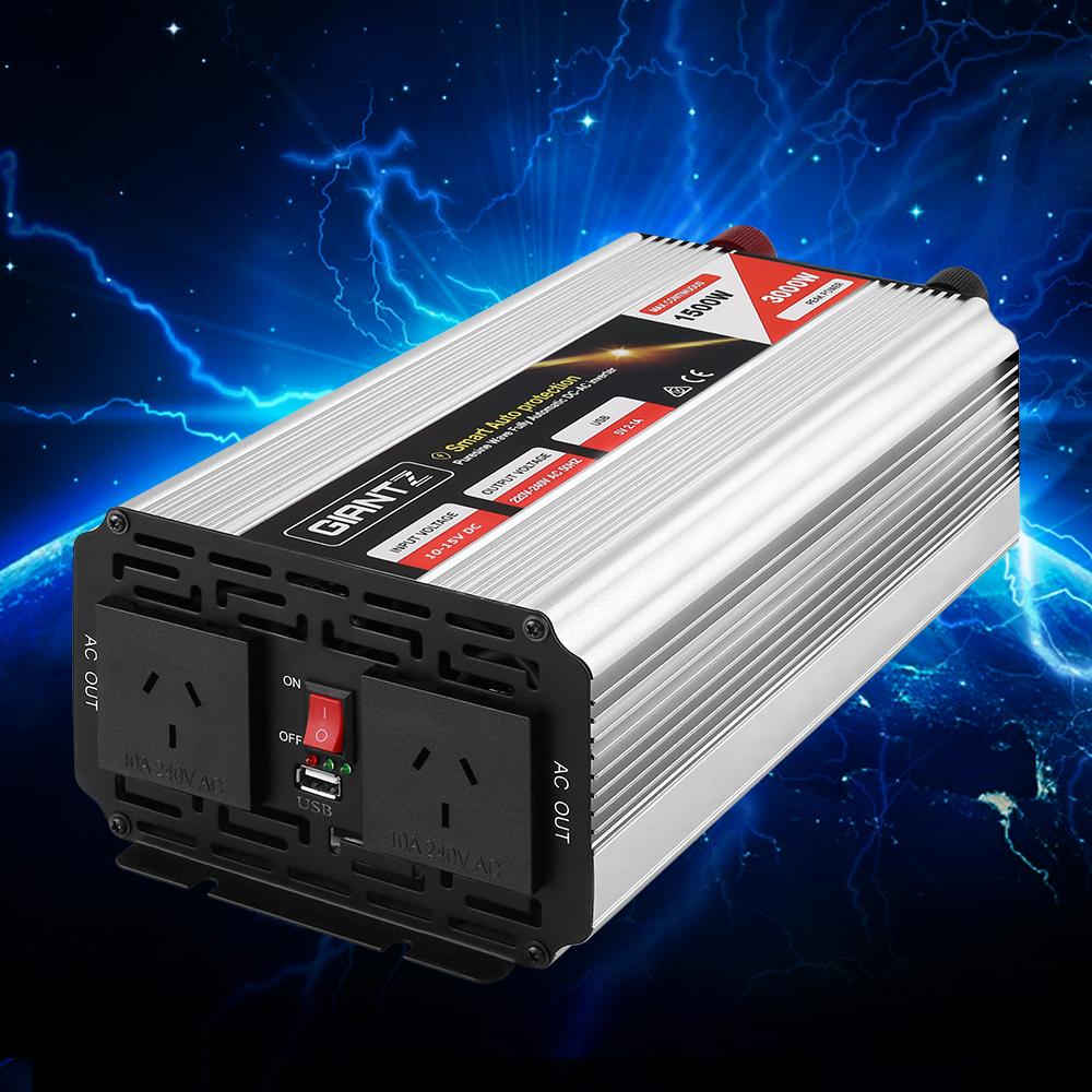 Giantz 1500W Pure Sine Wave DC-AC Power Inverter with dual 240V sockets and USB output, designed for powering sensitive electronics.