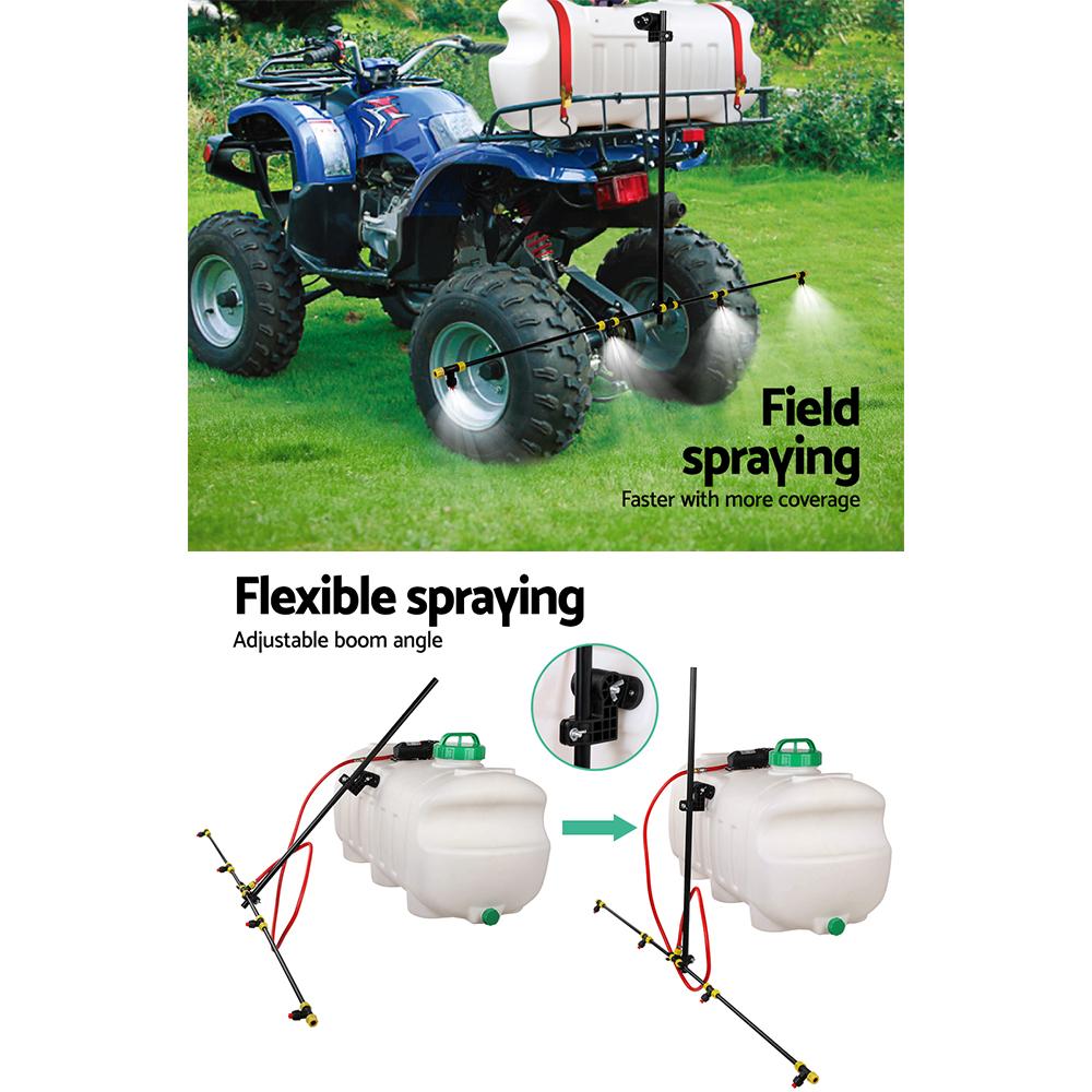 Giantz 1.5M ATV Adjustable Weed Sprayer Boom with four nozzles and adjustable height, mounted on an ATV.