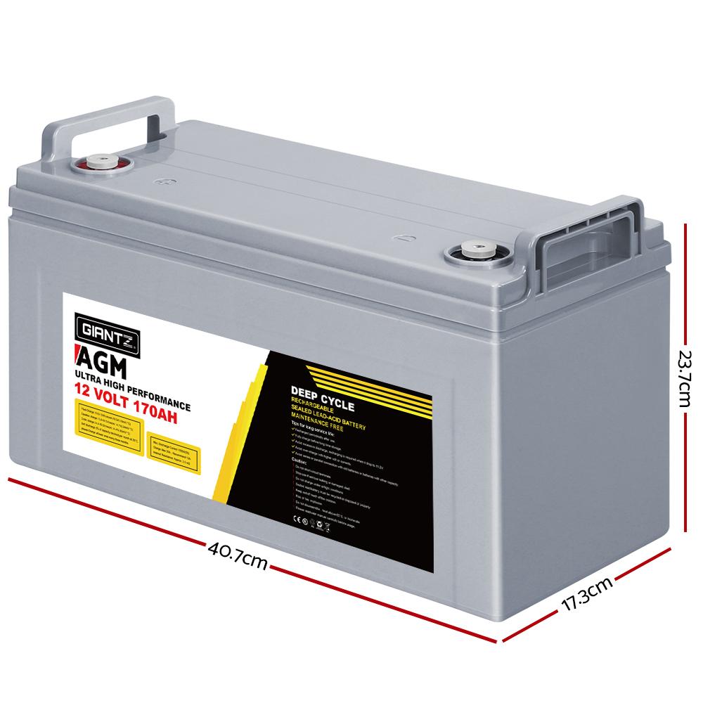 Giantz 170Ah Deep Cycle Battery 12V AGM, portable and sealed design for marine and off-grid use, featuring bolt-down terminals and a convenient carry handle.