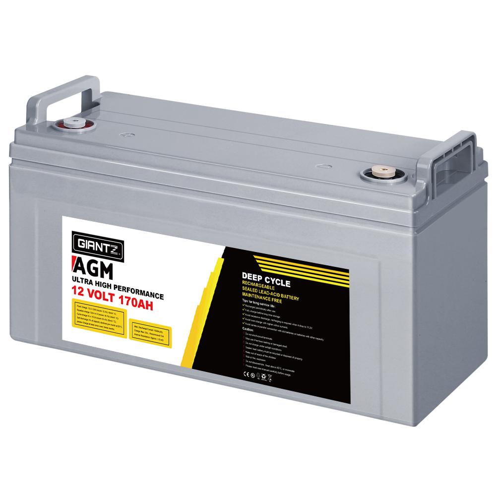 Giantz 170Ah Deep Cycle Battery 12V AGM, portable and sealed design for marine and off-grid use, featuring bolt-down terminals and a convenient carry handle.