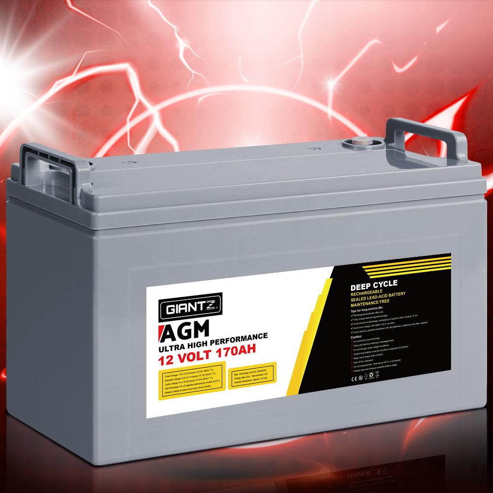 Giantz 170Ah Deep Cycle Battery 12V AGM, portable and sealed design for marine and off-grid use, featuring bolt-down terminals and a convenient carry handle.