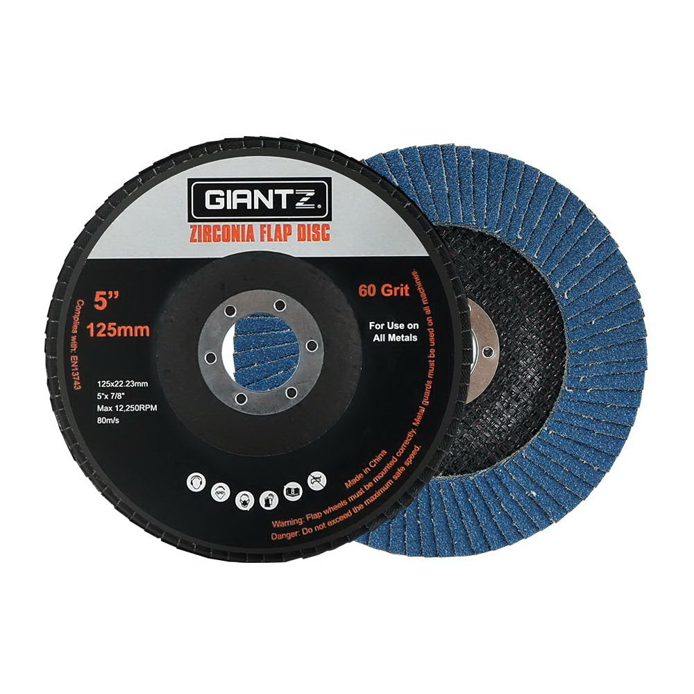 Giantz 20 PCS Zirconia Sanding Flap Discs, 5 inches, 60 grit, suitable for angle grinders, showcasing high-quality zirconium oxide material.