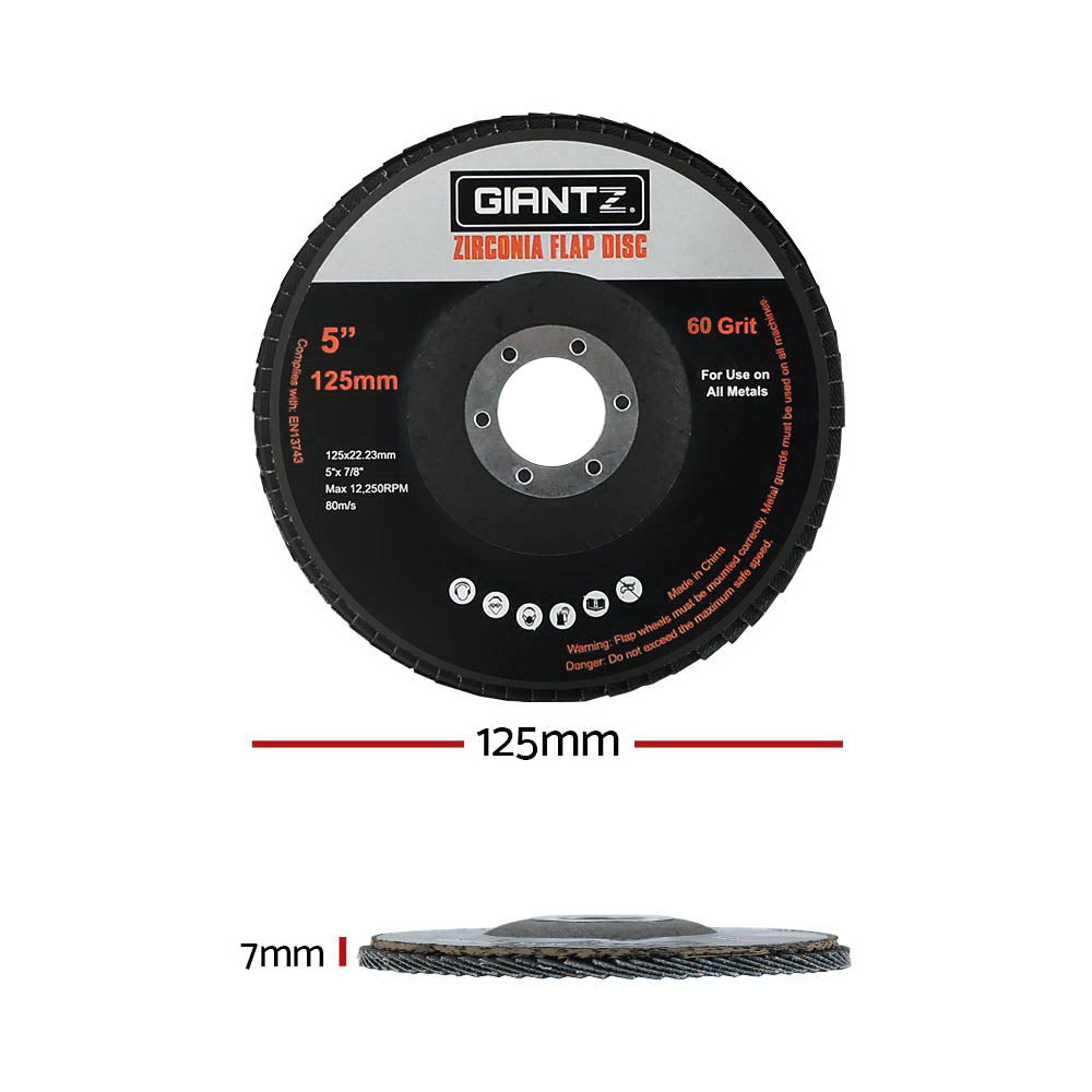 Giantz 20 PCS Zirconia Sanding Flap Discs, 5 inches, 60 grit, suitable for angle grinders, showcasing high-quality zirconium oxide material.