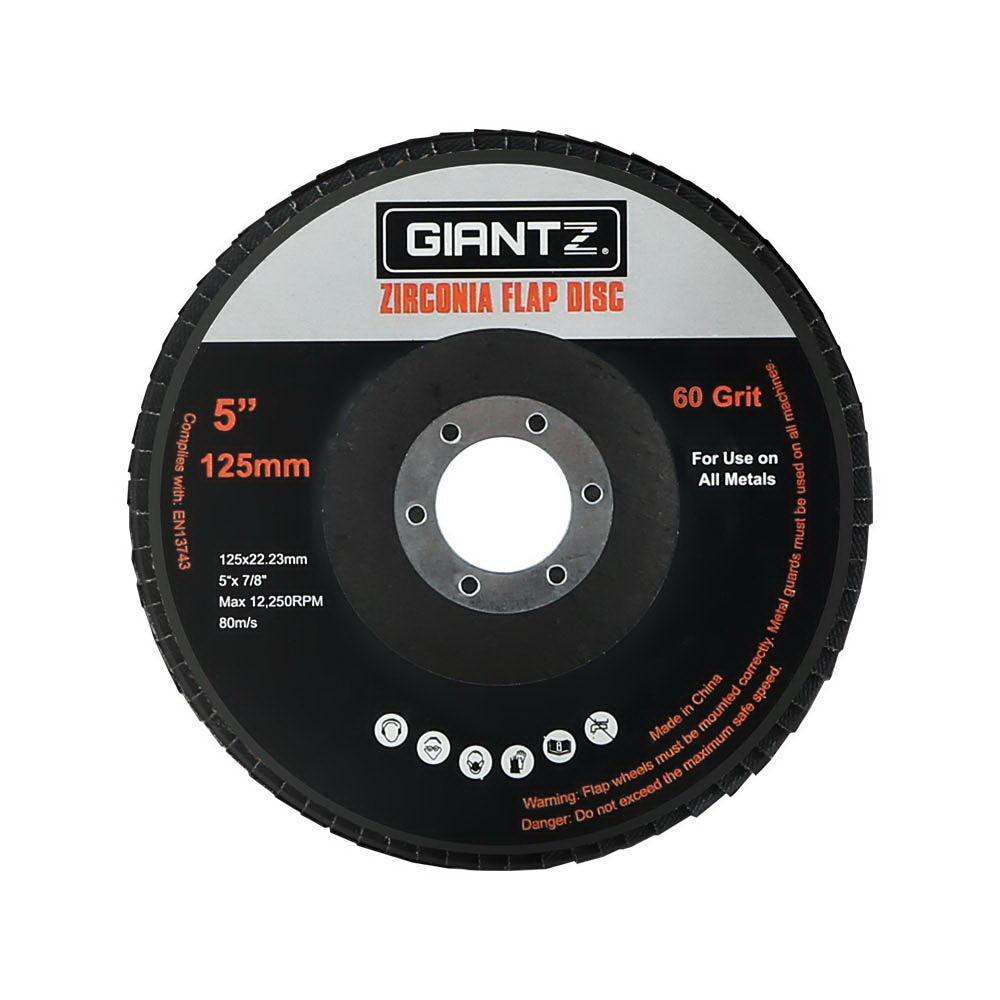 Giantz 20 PCS Zirconia Sanding Flap Discs, 5 inches, 60 grit, suitable for angle grinders, showcasing high-quality zirconium oxide material.