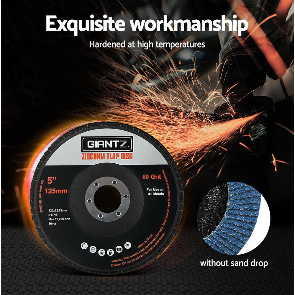 Giantz 20 PCS Zirconia Sanding Flap Discs, 5 inches, 60 grit, suitable for angle grinders, showcasing high-quality zirconium oxide material.