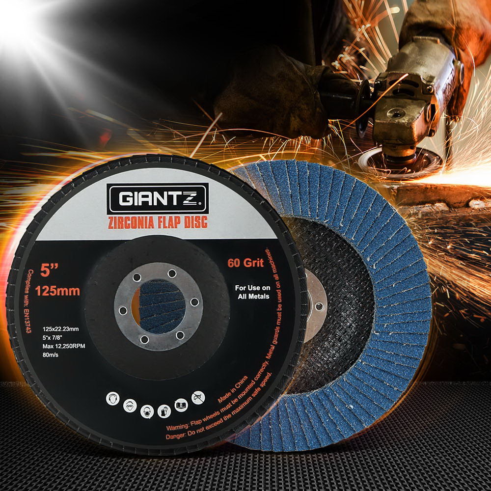 Giantz 20 PCS Zirconia Sanding Flap Discs, 5 inches, 60 grit, suitable for angle grinders, showcasing high-quality zirconium oxide material.