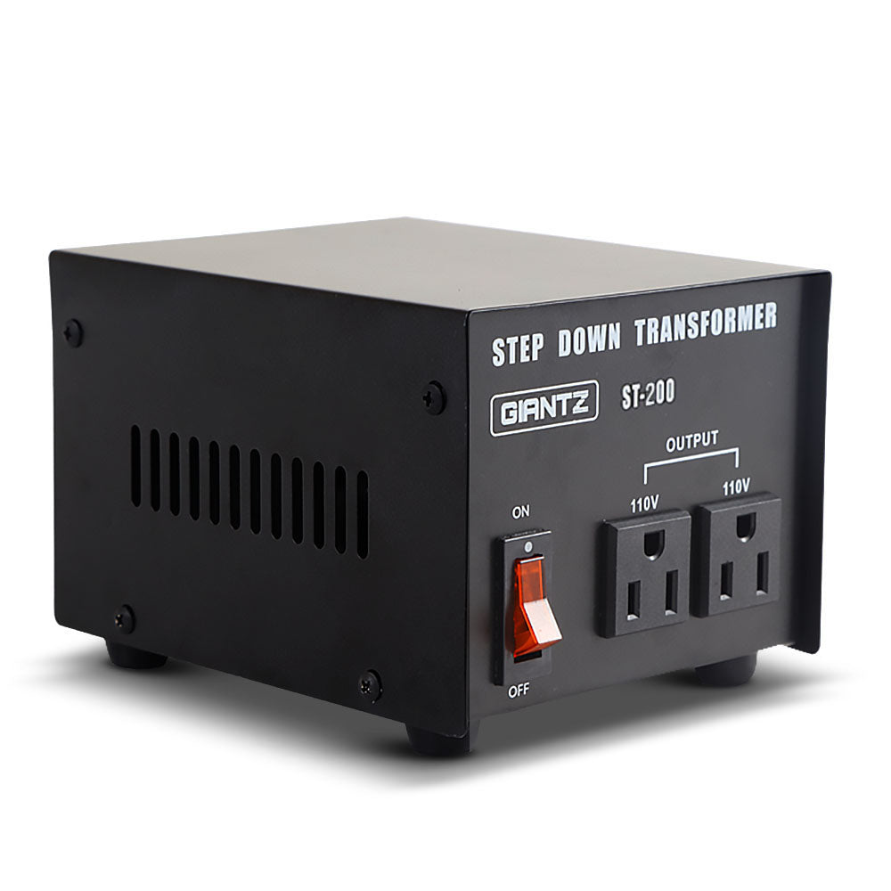 Giantz 200 Watt Step Down Transformer converting AC240V to AC110V, featuring a sleek black design and standard 110V socket.