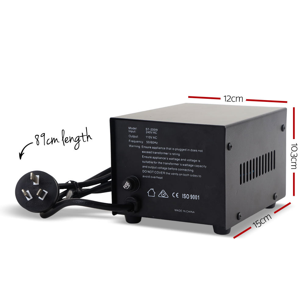 Giantz 200 Watt Step Down Transformer converting AC240V to AC110V, featuring a sleek black design and standard 110V socket.