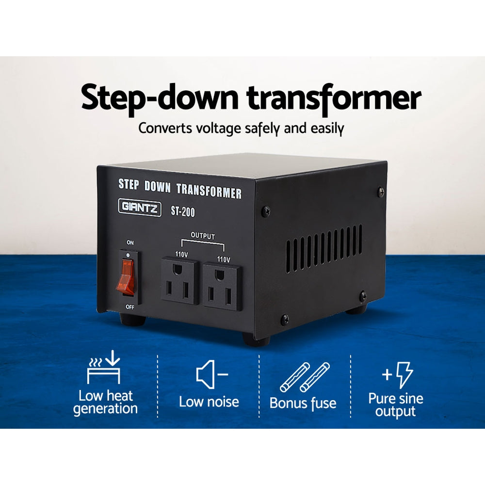 Giantz 200 Watt Step Down Transformer converting AC240V to AC110V, featuring a sleek black design and standard 110V socket.