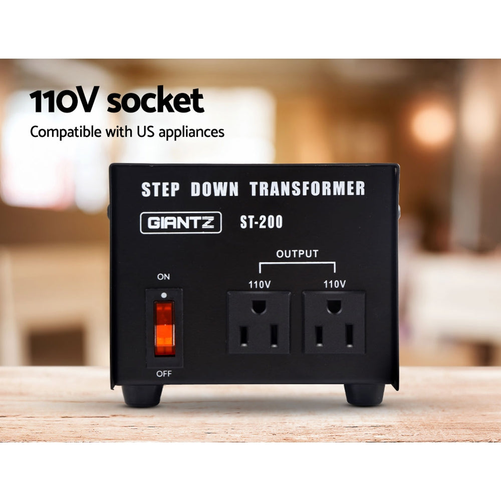 Giantz 200 Watt Step Down Transformer converting AC240V to AC110V, featuring a sleek black design and standard 110V socket.