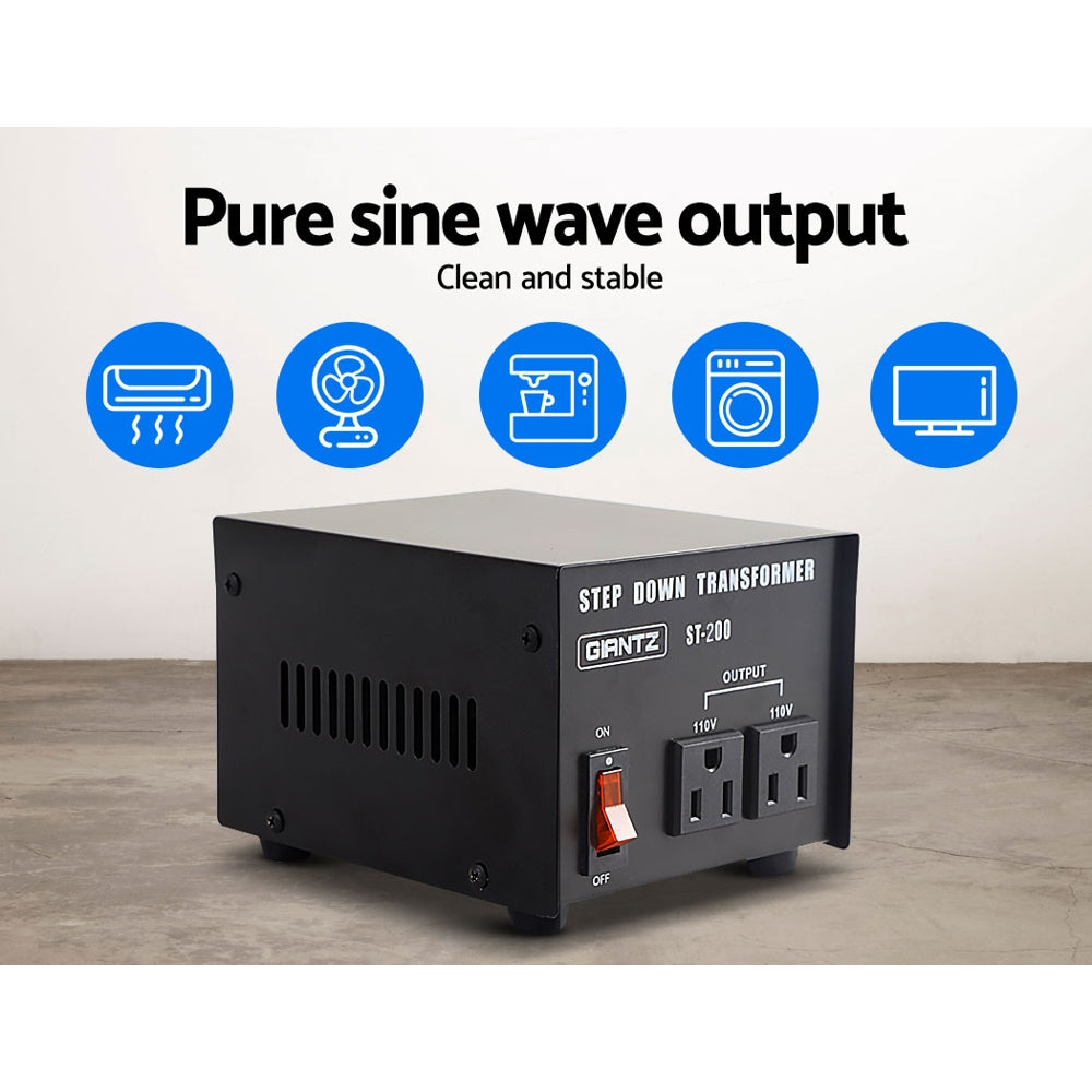 Giantz 200 Watt Step Down Transformer converting AC240V to AC110V, featuring a sleek black design and standard 110V socket.