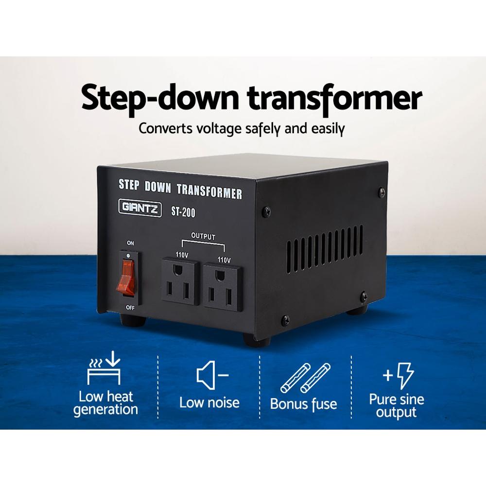 Giantz 200 Watt Step Down Transformer with Australian plug and 110V socket, designed for converting AC240V to AC110V for American appliances.