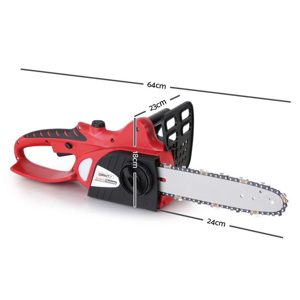 Giantz 20V Cordless Chainsaw in black and red, showcasing its compact design and features.