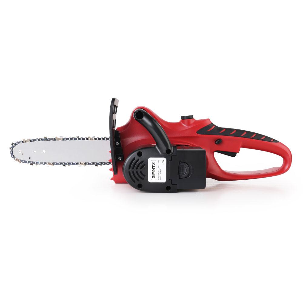 Giantz 20V Cordless Chainsaw in black and red, showcasing its compact design and features.