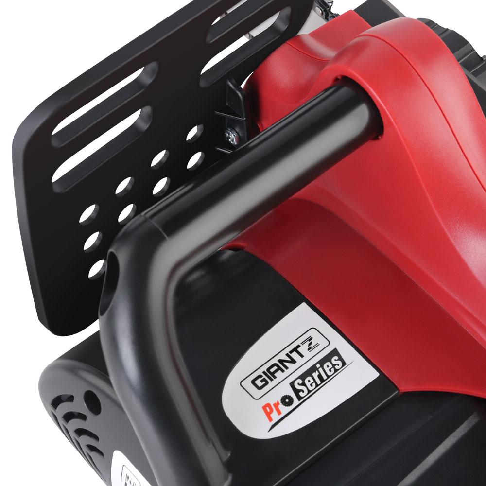 Giantz 20V Cordless Chainsaw in black and red, showcasing its compact design and features.