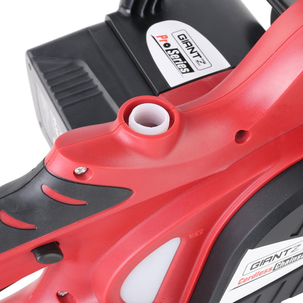 Giantz 20V Cordless Chainsaw in black and red, showcasing its compact design and features.