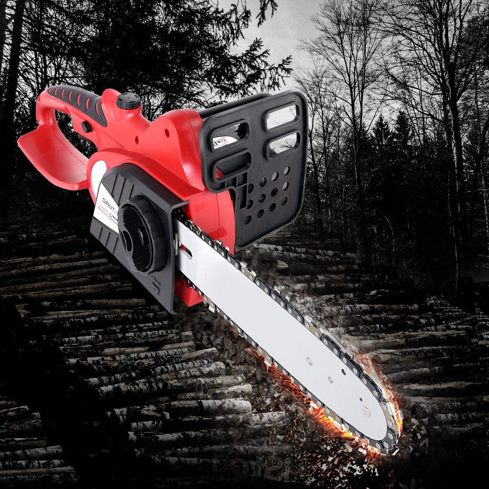 Giantz 20V Cordless Chainsaw in black and red, showcasing its compact design and features.