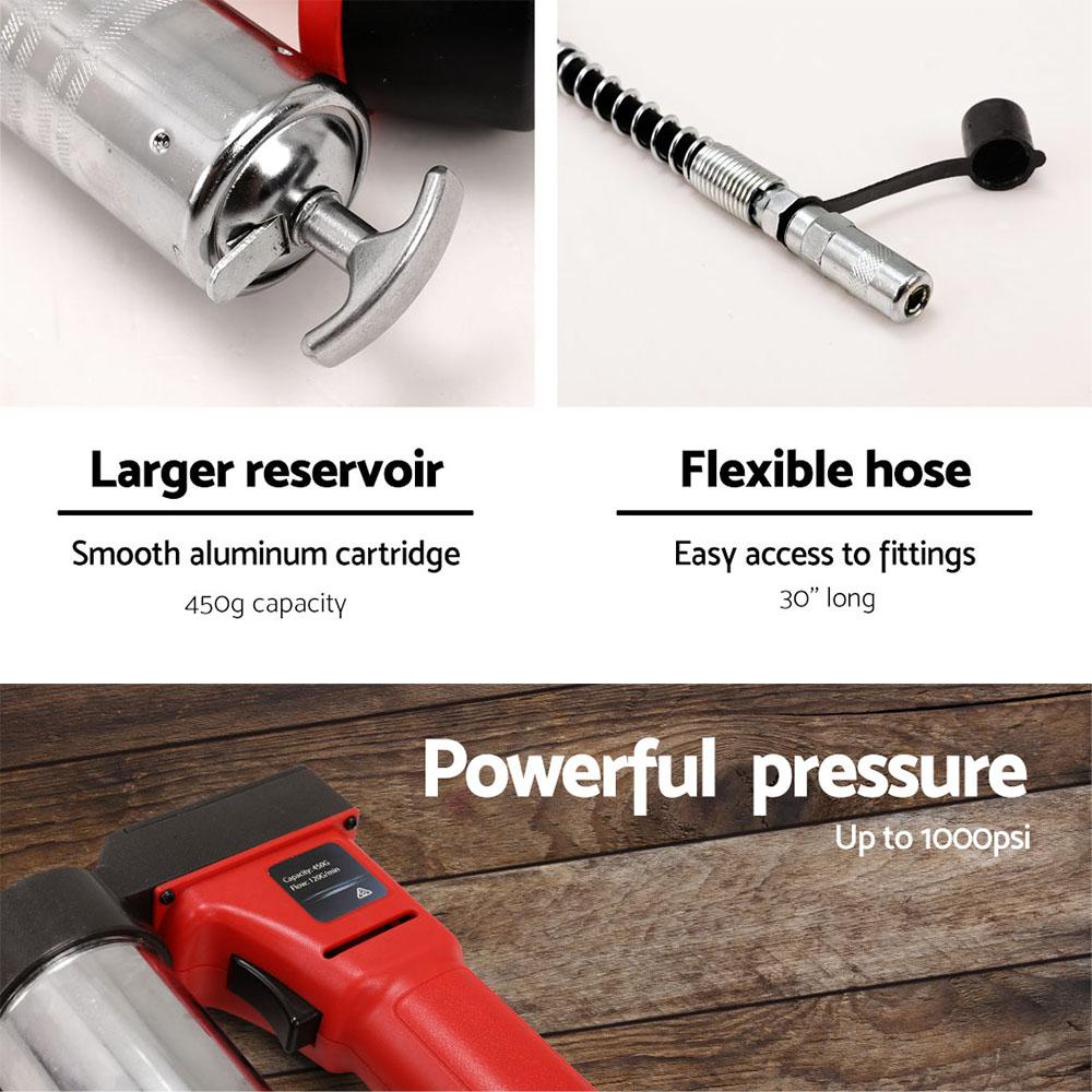 Giantz 20V Rechargeable Cordless Grease Gun in red with flexible hose and carry case.