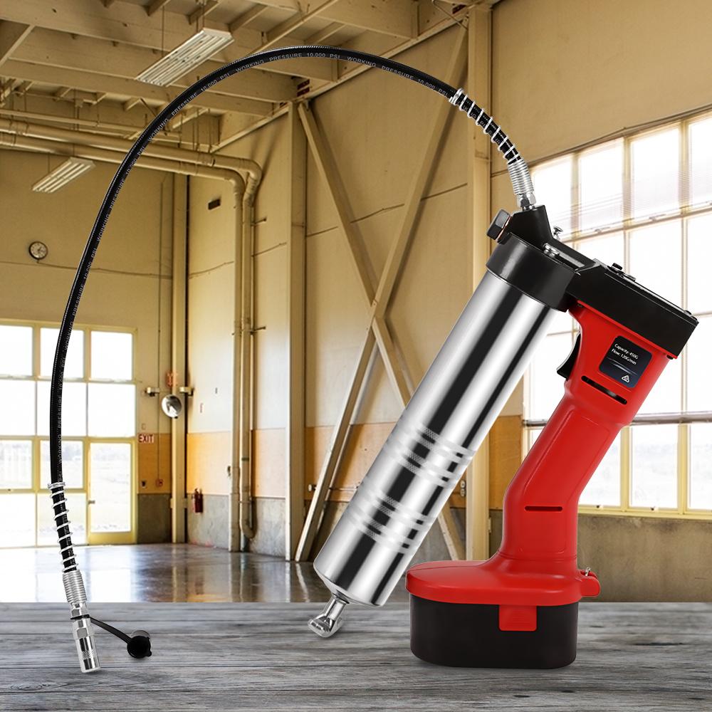 Giantz 20V Rechargeable Cordless Grease Gun in red with flexible hose and carry case.