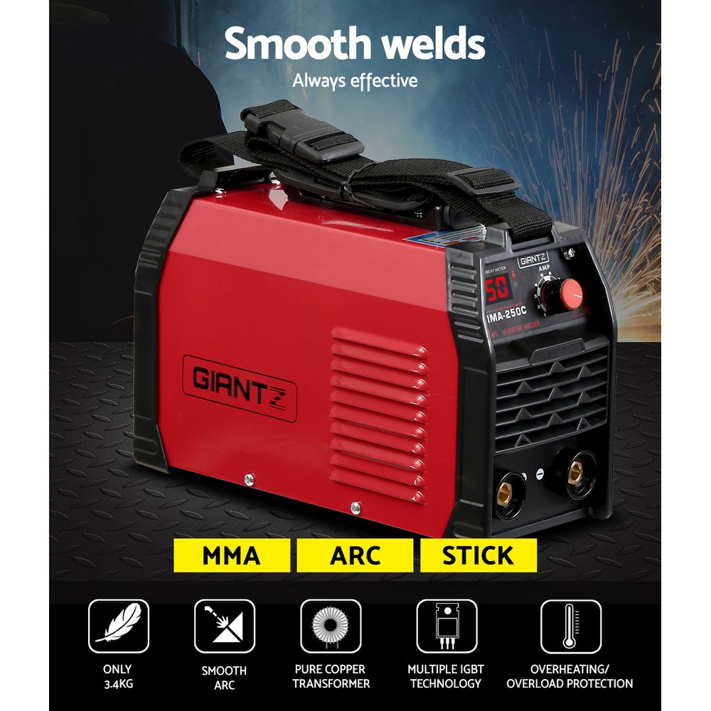 Giantz 250 Amp Inverter Welder MMA ARC DC IGBT Welding Machine with digital display and accessories.