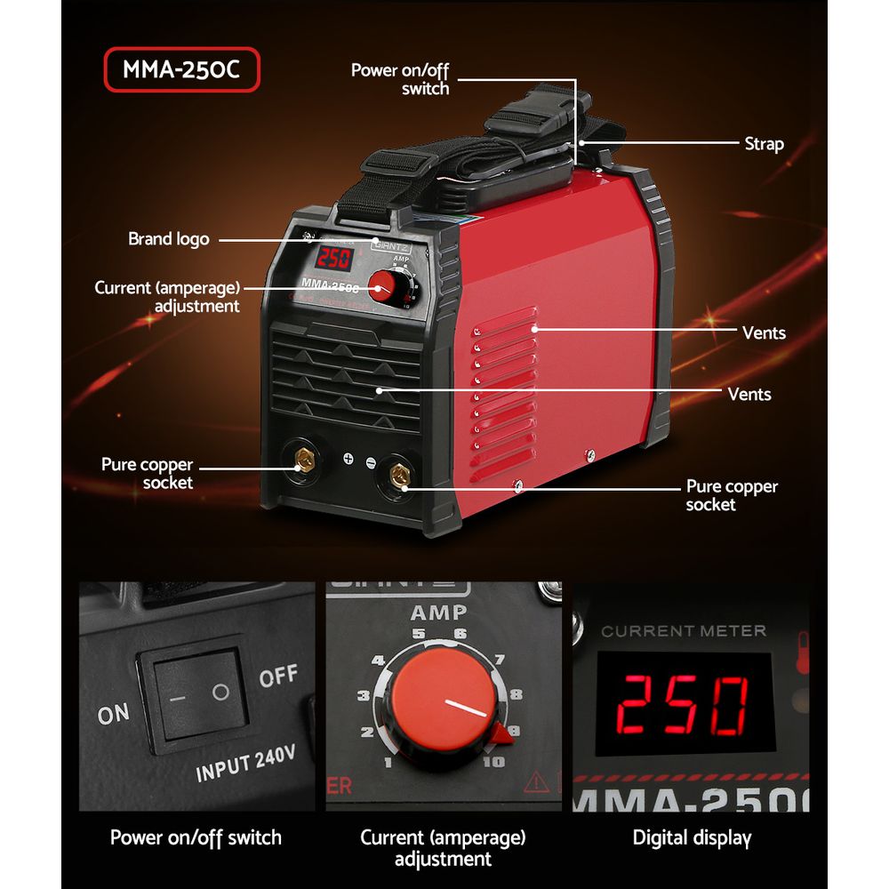 Giantz 250 Amp Inverter Welder MMA ARC DC IGBT Welding Machine with digital display and accessories.