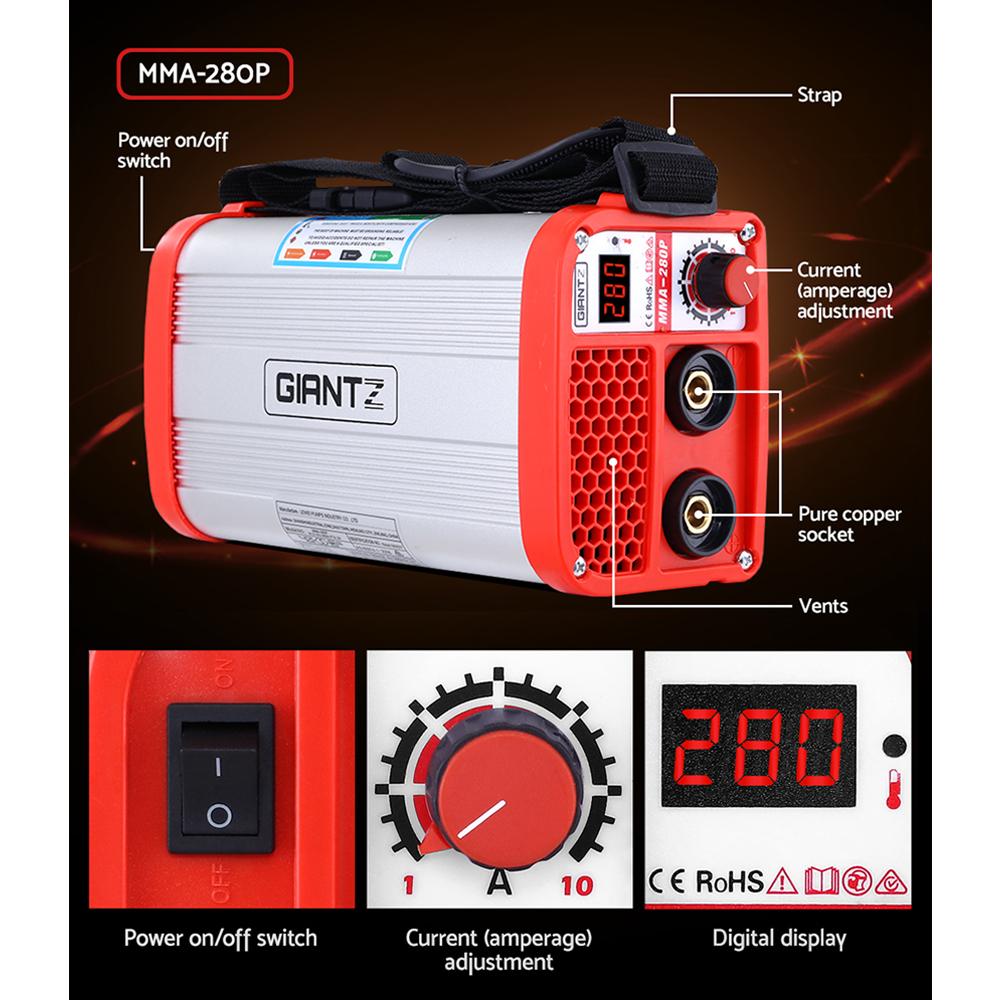 Giantz 280 Amp Inverter Welder showcasing its compact design and user-friendly controls, ideal for MMA welding.