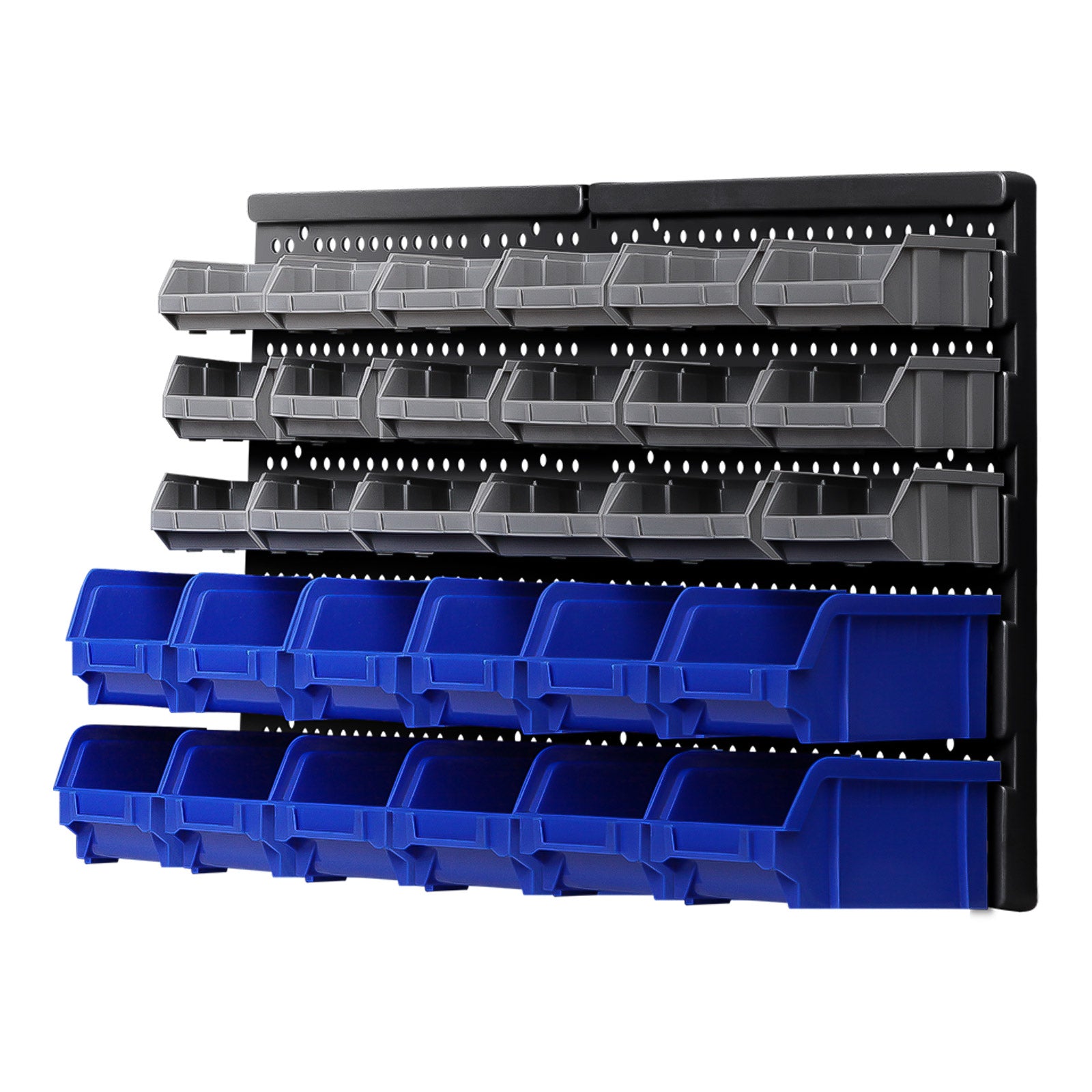 Giantz 30 Bin Wall Mounted Rack Storage Organiser with detachable bins for tools and accessories, showcasing heavy-duty construction and upgraded mounting design.