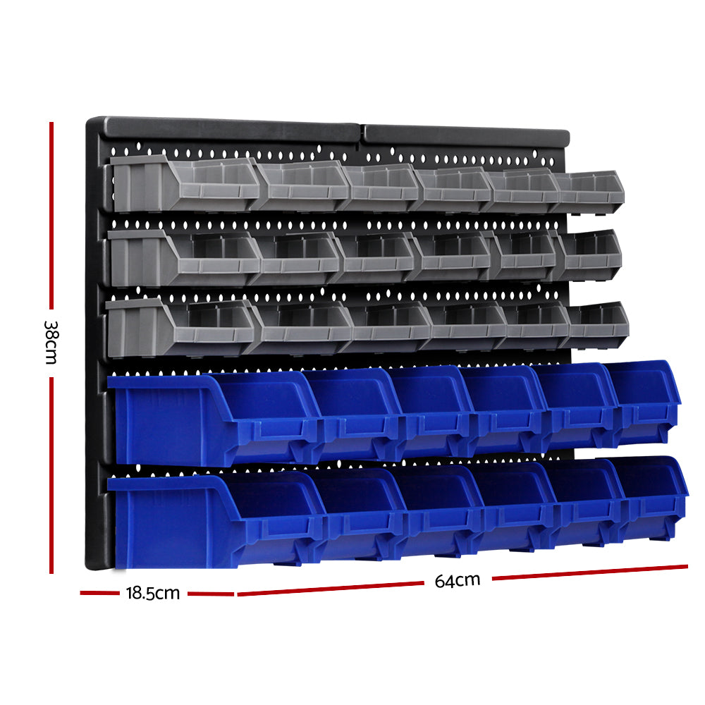 Giantz 30 Bin Wall Mounted Rack Storage Organiser with detachable bins for tools and accessories, showcasing heavy-duty construction and upgraded mounting design.