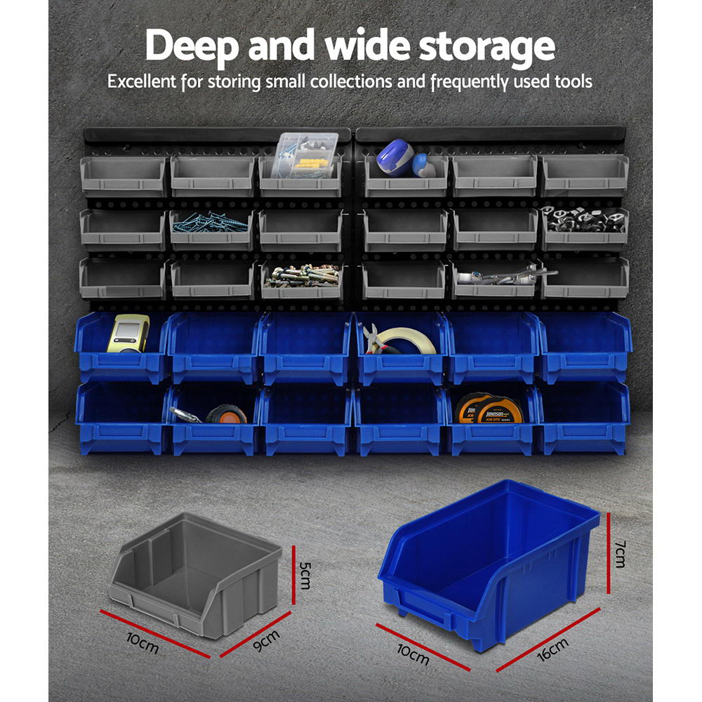 Giantz 30 Bin Wall Mounted Rack Storage Organiser with detachable bins for tools and accessories, showcasing heavy-duty construction and upgraded mounting design.