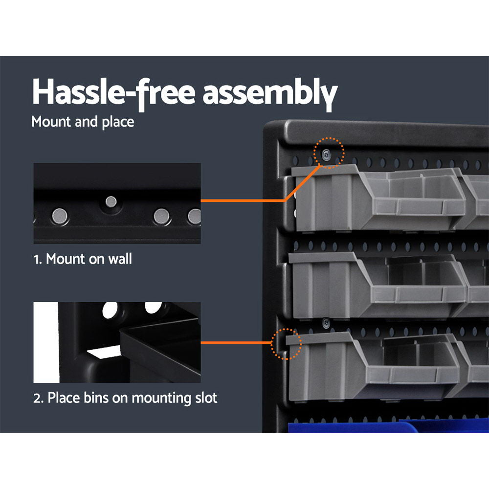 Giantz 30 Bin Wall Mounted Rack Storage Organiser with detachable bins for tools and accessories, showcasing heavy-duty construction and upgraded mounting design.