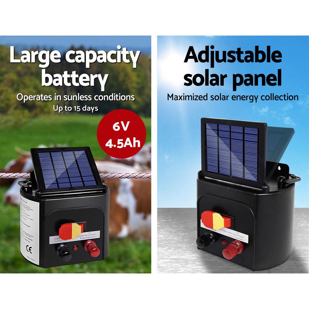 Giantz 3km Solar Electric Fence Charger Energiser with solar panel and warning signs, designed for livestock safety.