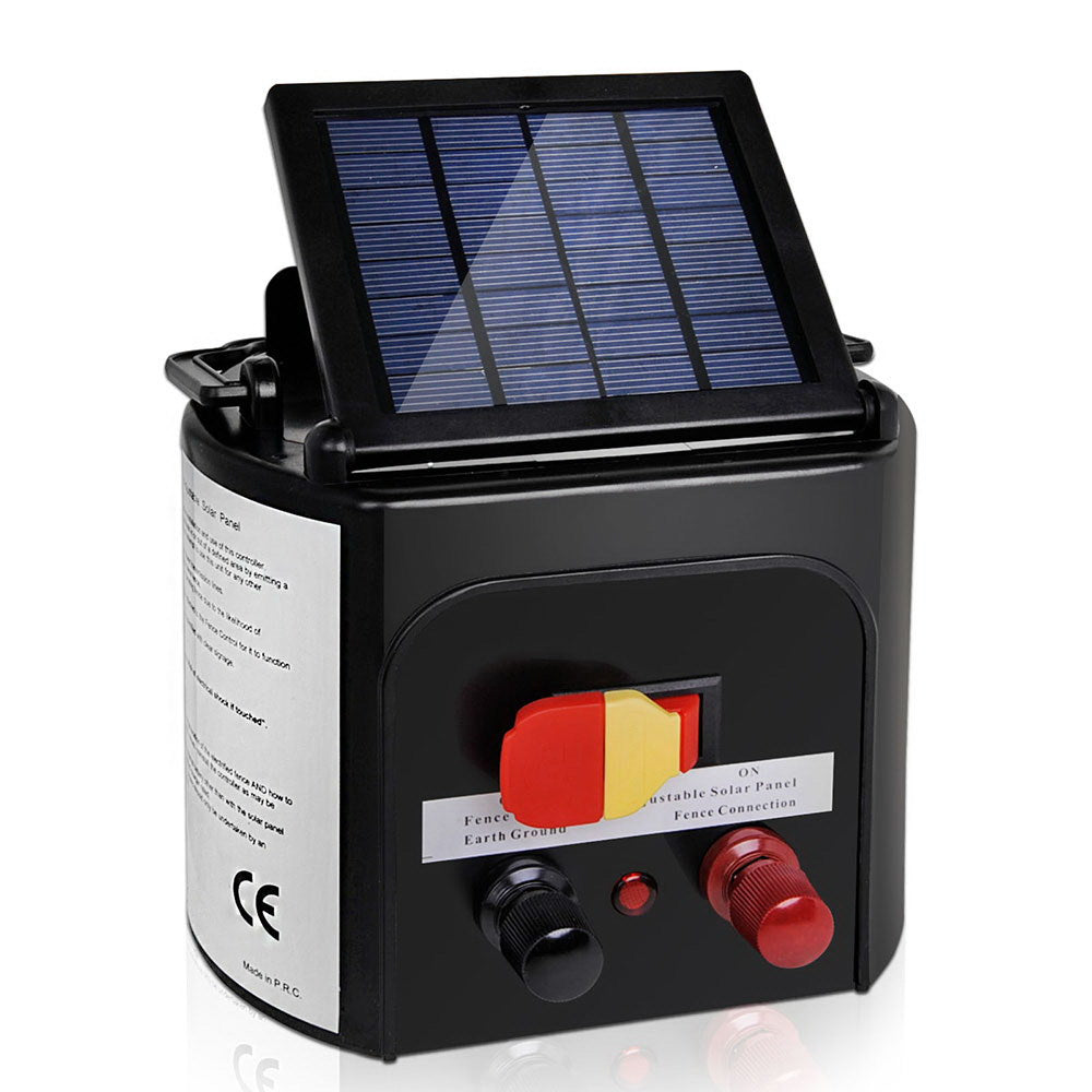 Giantz 3km Solar Electric Fence Charger Energiser with solar panel and warning signs, designed for livestock safety.