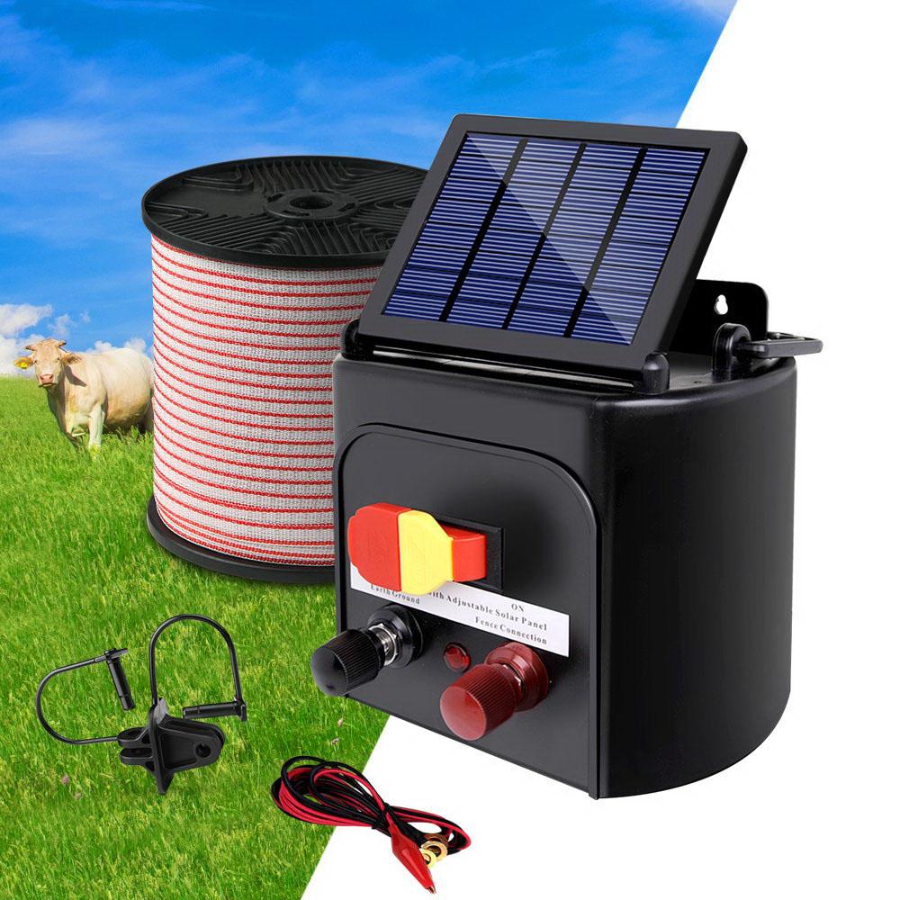 Giantz 3km Solar Electric Fence Energiser with 400m polytape and accessories, designed for livestock security and animal control.