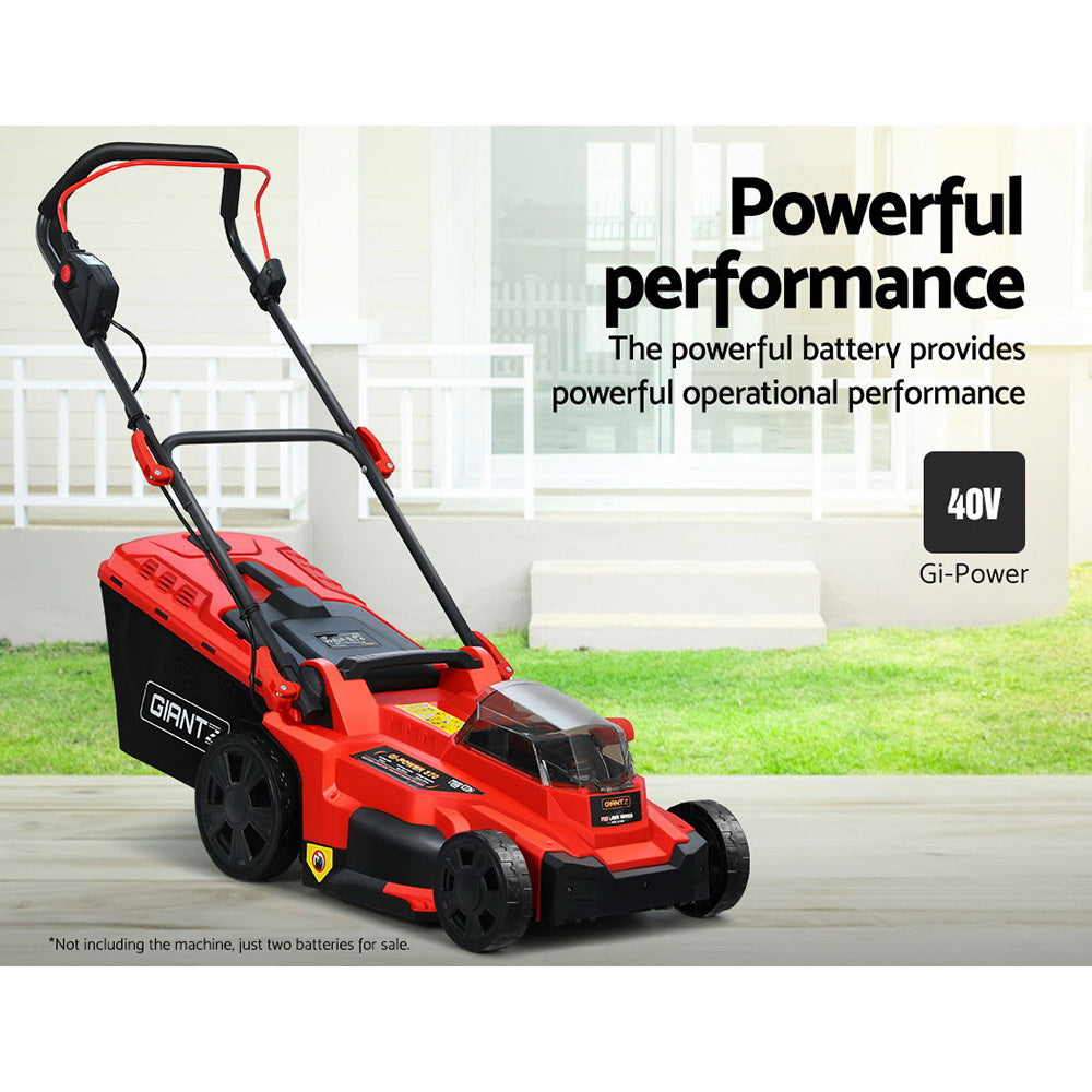 Giantz 40V 8AH rechargeable lithium battery designed for lawn mowers, showcasing its lightweight and removable features.