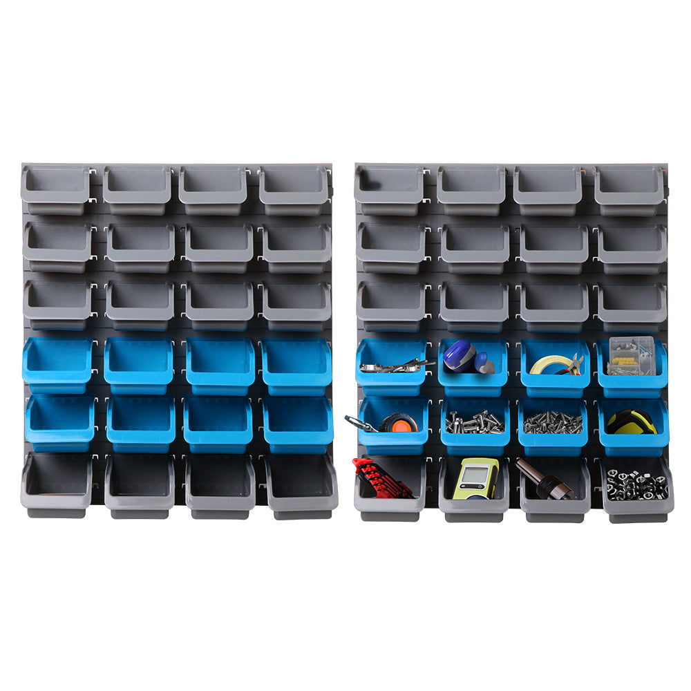 Giantz 48 Bin Wall Mounted Rack Storage Organiser with various sized bins for efficient tool storage in a garage.