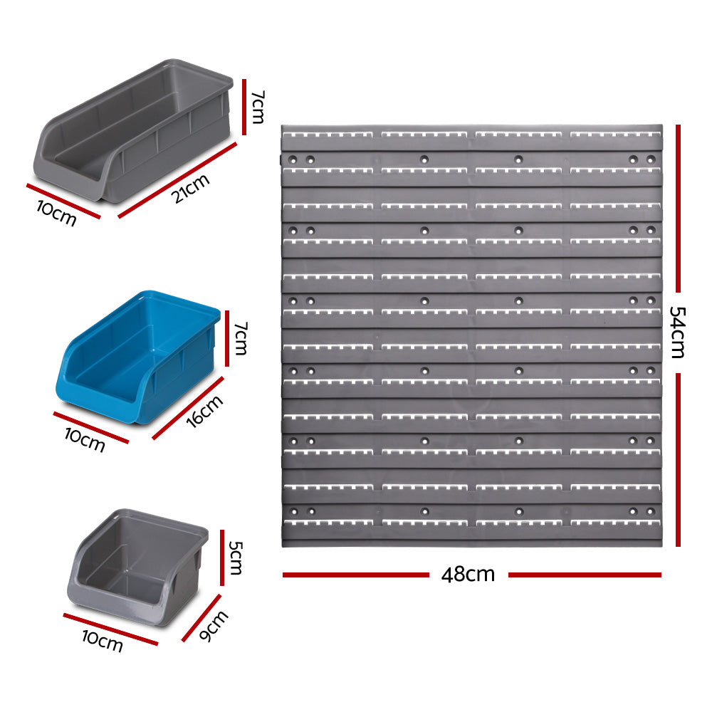 Giantz 48 Bin Wall Mounted Rack Storage Organiser with various sized bins for efficient tool storage in a garage.