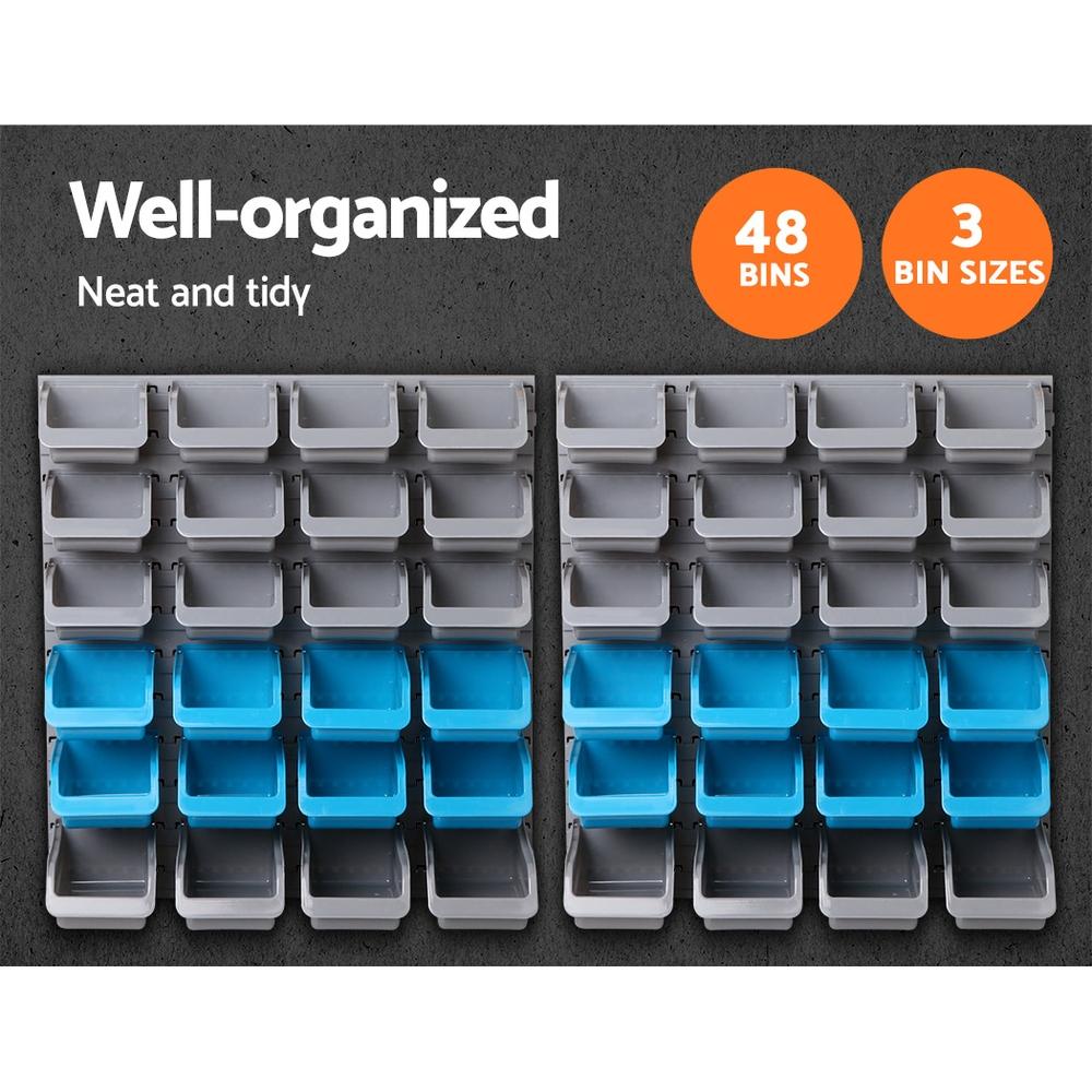 Giantz 48 Bin Wall Mounted Rack Storage Organiser with various sized bins for tool and accessory storage, mounted on a wall.