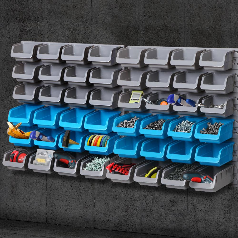 Giantz 48 Bin Wall Mounted Rack Storage Organiser with various sized bins for tool and accessory storage, mounted on a wall.